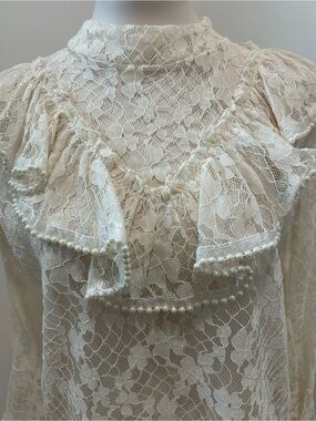 🌹 Ivory Floral Lace Ruffle Blouse with Pearl Trim